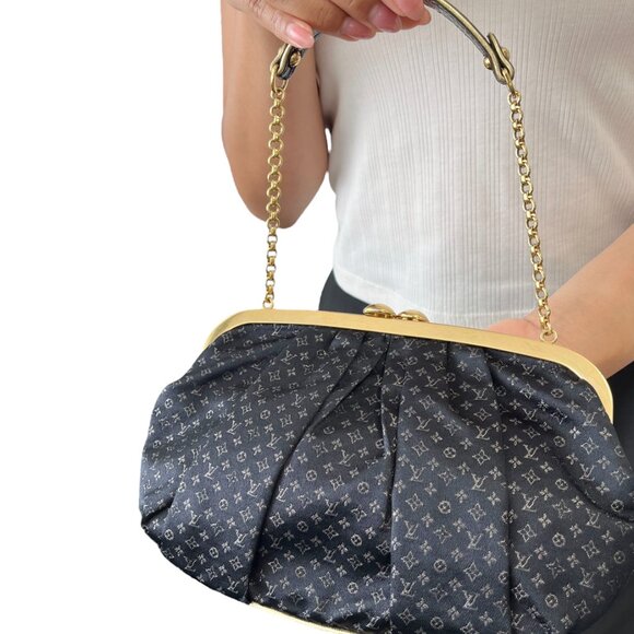 LOUIS VUITTON Vintage Monogram Aumoniere Mini Evening Bag Black Satin [106329] - Picture 2 of 12